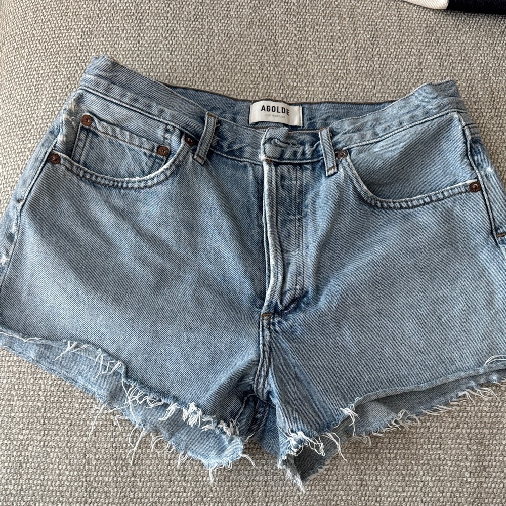 Agolde Light Blue Frayed Denim Shorts